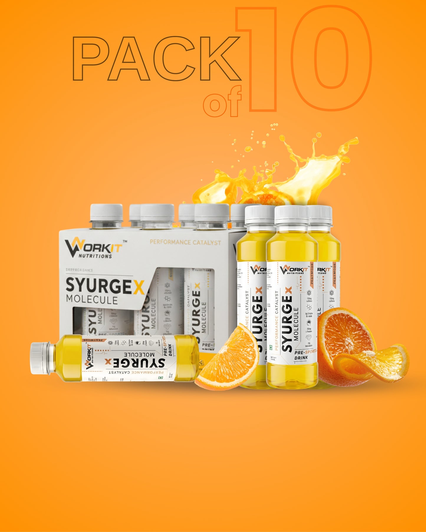 Syurge X Pre-Workout Drink, Zest Mode 150ML  Pack of 10