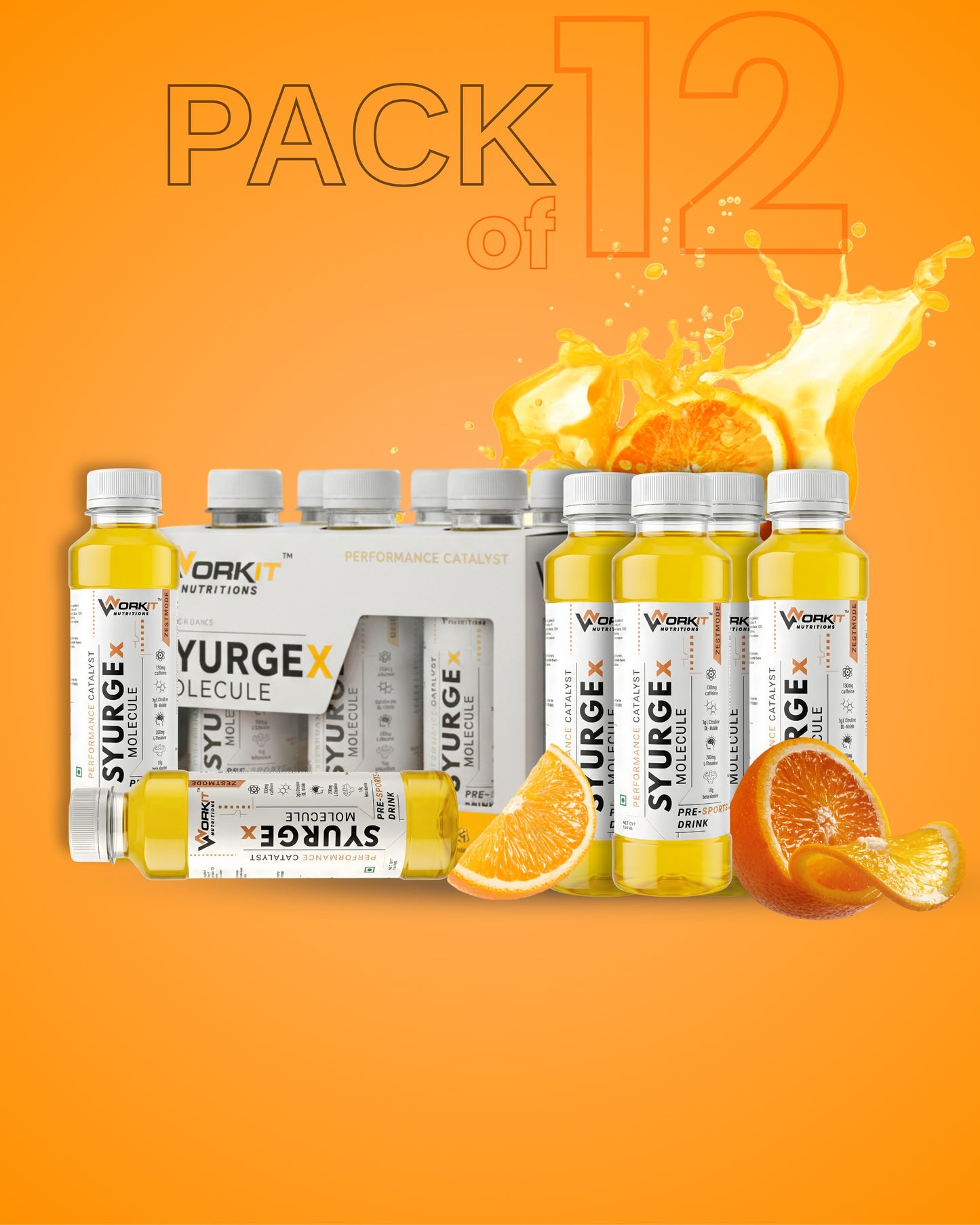 Syurge X Pre-Workout Drink, Zest Mode 150ML  Pack of 12